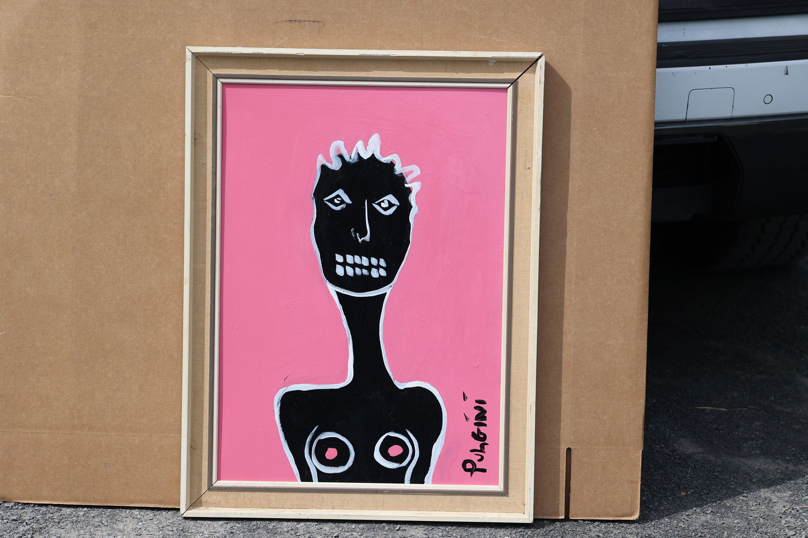 Thomas Pulgini American Pop Art Nude Woman Painting Pink Background Modern Primitive Signed: All descriptions were generated using AI technology and have not been reviewed or verified by a human. All items are sold as-is, where-is. It is the buyer’s responsibility to preview, examine, and a