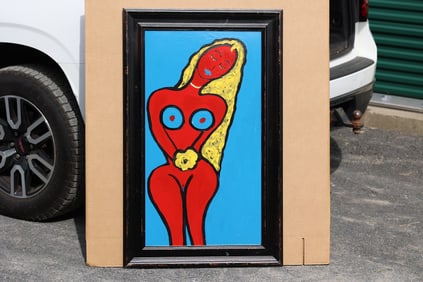 Thomas Pulgini American Pop Art Nude Red Woman Painting Blue Background Signed Modern