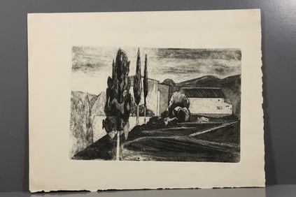 Robert Angeloch (1922–2011) Hillside Farm with Cypress Trees Etching