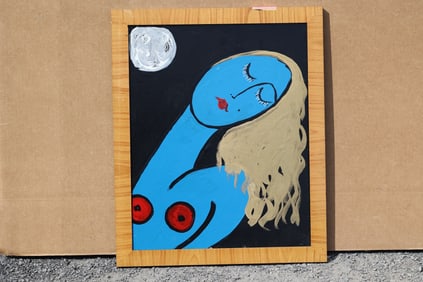 Thomas Pulgini American Pop Art Nude Blue Woman Painting Moonlight Scene Signed Modern