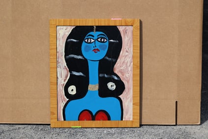 Thomas Pulgini American Pop Art Nude Blue Woman Painting Pink Background Signed Modern