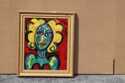 Thomas Pulgini American Pop Art Nude Blue Woman Painting Red Background Expressionist Signed