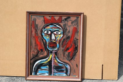 Thomas Pulgini American Pop Art Abstract Skeleton Figure Painting Crowned Head Signed Modern