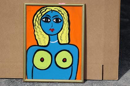 Thomas Pulgini American Pop Art Nude Blue Woman Painting Orange Background Signed Modern