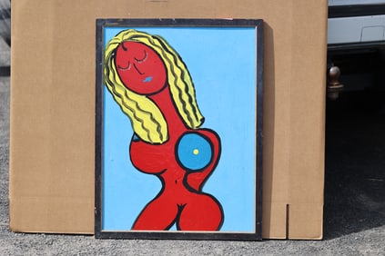 Thomas Pulgini American Pop Art Nude Red Woman Painting Blue Background Signed Modern
