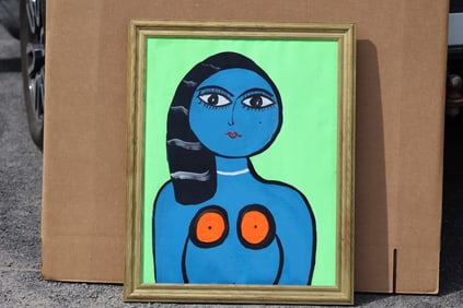 Thomas Pulgini American Pop Art Nude Blue Woman Painting Green Background Signed Modern