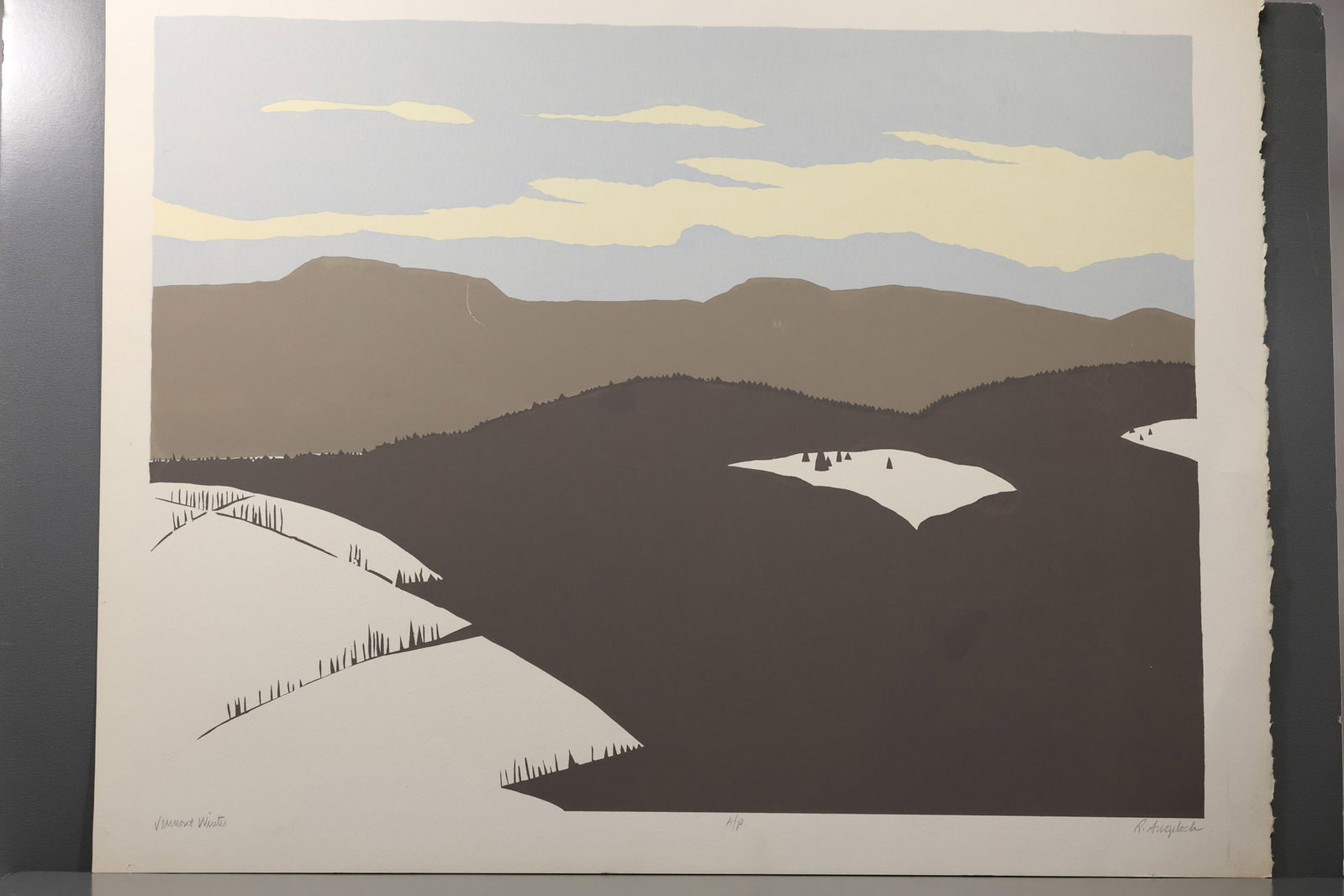 Robert Angeloch (1922–2011) Vermont Winter Color Woodblock Print: All descriptions were generated using AI technology and have not been reviewed or verified by a human. All items are sold as-is, where-is. It is the buyer’s responsibility to preview, examine, and a