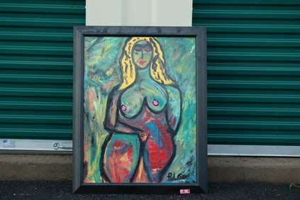 Thomas Pulgini Signed Expressionist Nude Painting Bold Curvy Woman Modern Art