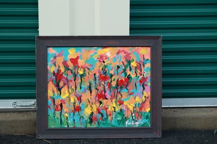 Thomas Pulgini Signed Abstract Floral Painting Colorful Modern Expressionist Flowers