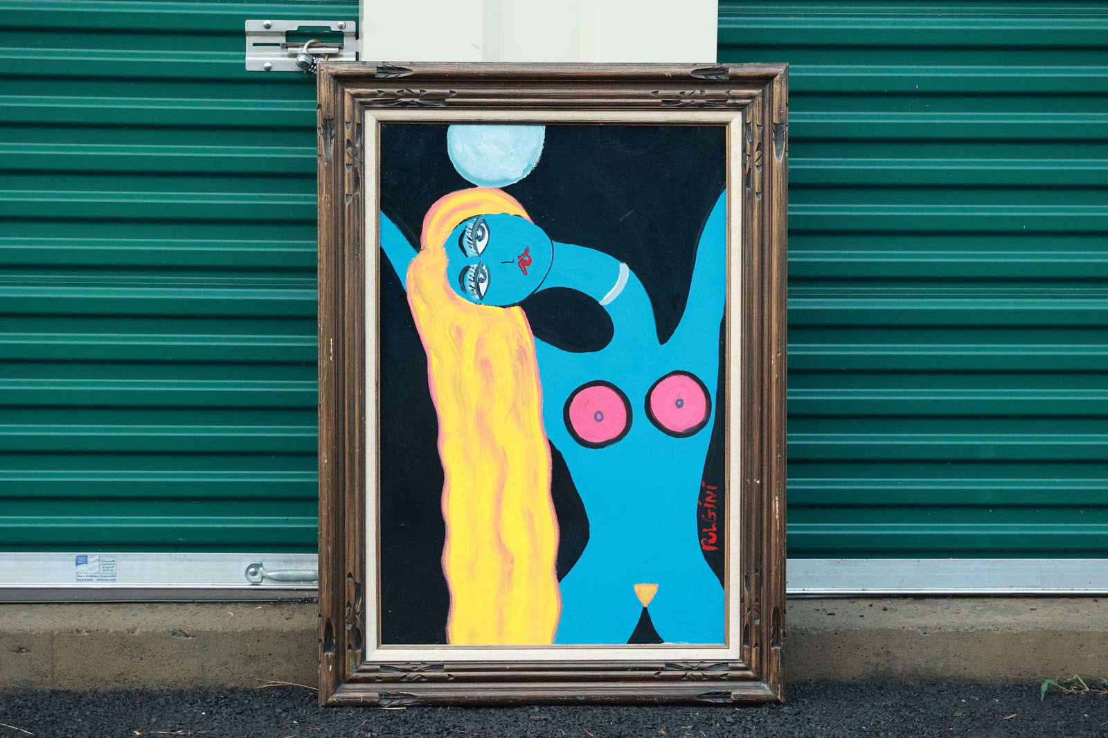 Thomas Pulgini Signed Abstract Nude Painting Blue Woman Under Moon Modern Pop Art Style: All descriptions were generated using AI technology and have not been reviewed or verified by a human. All items are sold as-is, where-is. It is the buyer’s responsibility to preview, examine, and a