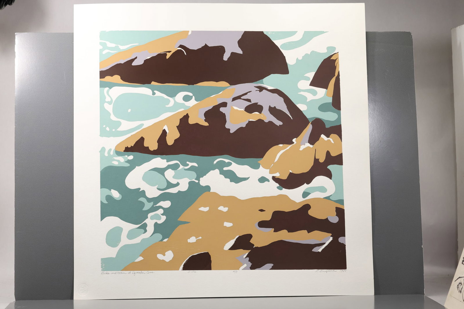 Robert Angeloch (1922–2011) Rocks and Foam at Squeaker Cove Color Woodblock Print: All descriptions were generated using AI technology and have not been reviewed or verified by a human. All items are sold as-is, where-is. It is the buyer’s responsibility to preview, examine, and a
