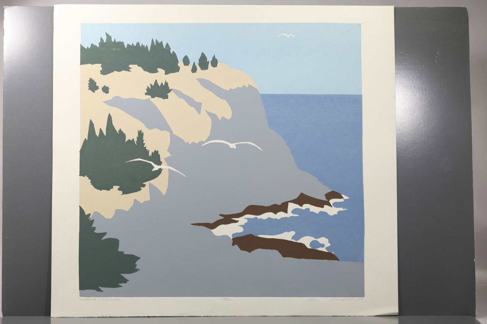 Robert Angeloch (1922–2011) Gulls at Whitehead Color Woodblock Print: All descriptions were generated using AI technology and have not been reviewed or verified by a human. All items are sold as-is, where-is. It is the buyer’s responsibility to preview, examine, and a