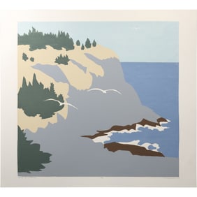 Robert Angeloch (1922–2011) Gulls at Whitehead Color Woodblock Print