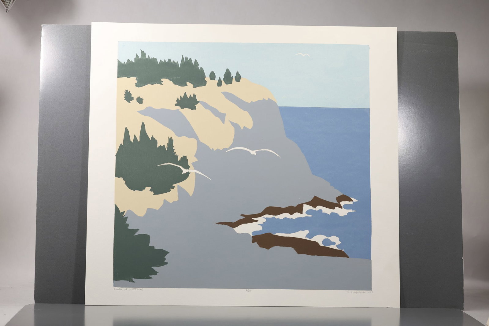 Robert Angeloch (1922–2011) Gulls at Whitehead Color Woodblock Print: All descriptions were generated using AI technology and have not been reviewed or verified by a human. All items are sold as-is, where-is. It is the buyer’s responsibility to preview, examine, and a
