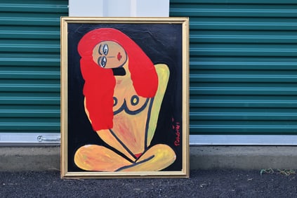 Thomas Pulgini Signed Seated Nude Woman Red Hair Modern Pop Art Painting