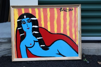 Thomas Pulgini Reclining Blue Nude Woman Pop Art Figurative Painting Signed