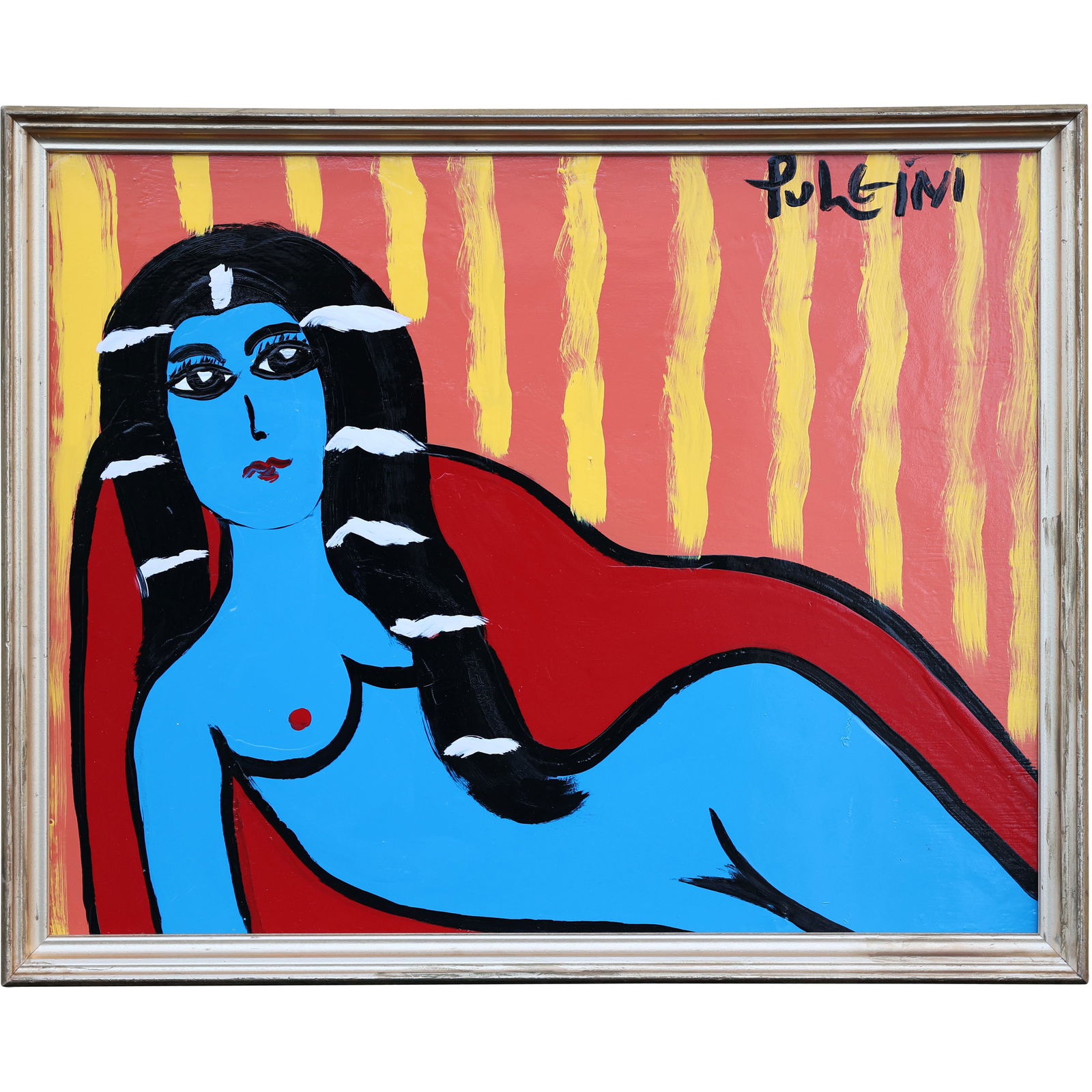 Thomas Pulgini Reclining Blue Nude Woman Pop Art Figurative Painting Signed: All descriptions were generated using AI technology and have not been reviewed or verified by a human. All items are sold as-is, where-is. It is the buyer’s responsibility to preview, examine, and a