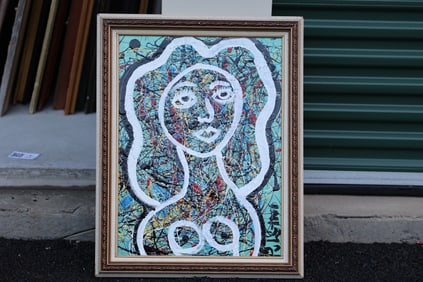 Thomas Pulgini Abstract Nude Woman over Drip Painted Background Signed