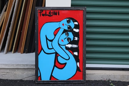 Thomas Pulgini Expressionist Painting Two Blue Nude Women Embrace Pop Art Figurative Signed