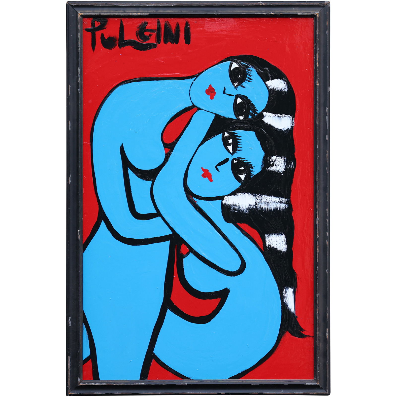 Thomas Pulgini Expressionist Painting Two Blue Nude Women Embrace Pop Art Figurative Signed: All descriptions were generated using AI technology and have not been reviewed or verified by a human. All items are sold as-is, where-is. It is the buyer’s responsibility to preview, examine, and a
