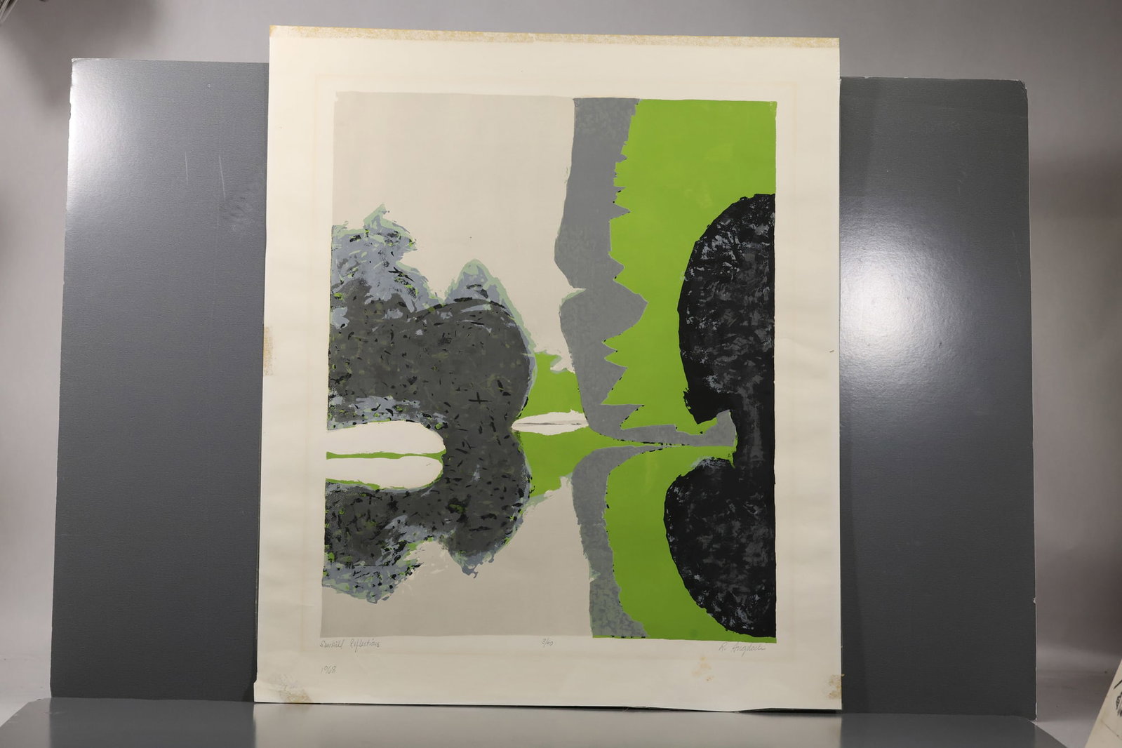 Robert Angeloch (1922–2011) Sawkill Reflections Color Woodblock Print: All descriptions were generated using AI technology and have not been reviewed or verified by a human. All items are sold as-is, where-is. It is the buyer’s responsibility to preview, examine, and a
