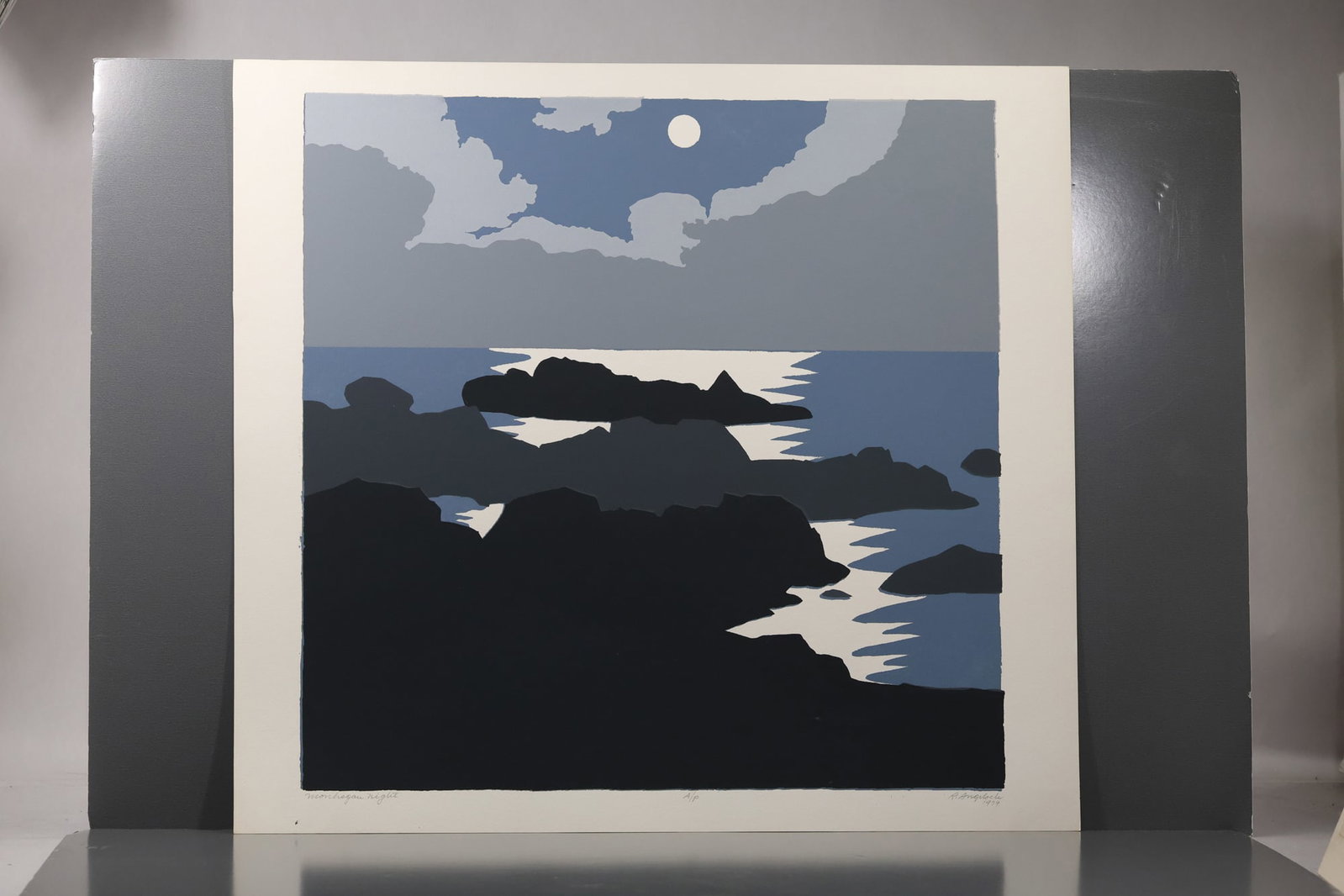 Robert Angeloch (1922–2011) Monhegan Night Color Woodblock Print: All descriptions were generated using AI technology and have not been reviewed or verified by a human. All items are sold as-is, where-is. It is the buyer’s responsibility to preview, examine, and a