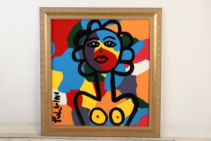 Thomas Pulgini Abstract Nude Woman Painting Multicolor Modern Pop Art Style Signed