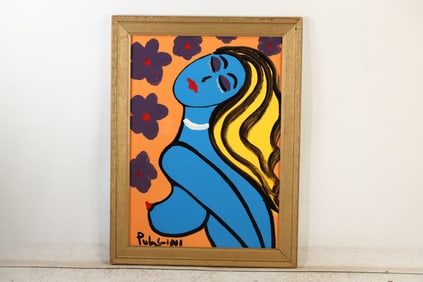 Thomas Pulgini Blue Nude Woman with Floral Background Modern Pop Art Painting Signed