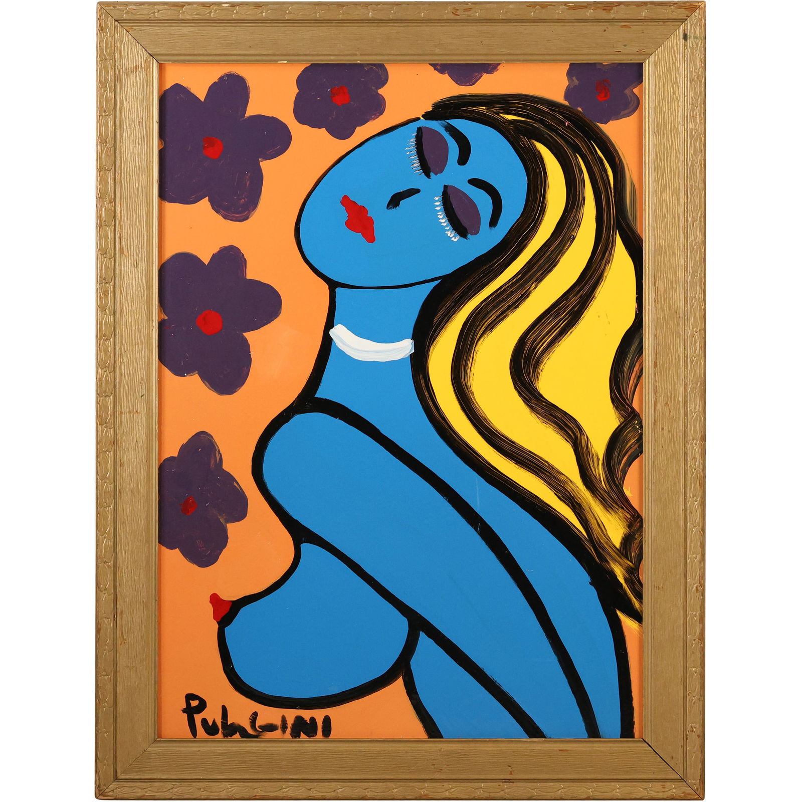 Thomas Pulgini Blue Nude Woman with Floral Background Modern Pop Art Painting Signed: All descriptions were generated using AI technology and have not been reviewed or verified by a human. All items are sold as-is, where-is. It is the buyer’s responsibility to preview, examine, and a