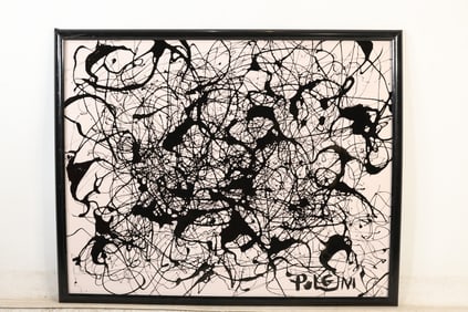 Thomas Pulgini Black and White Splatter Abstract Expressionist Painting Signed