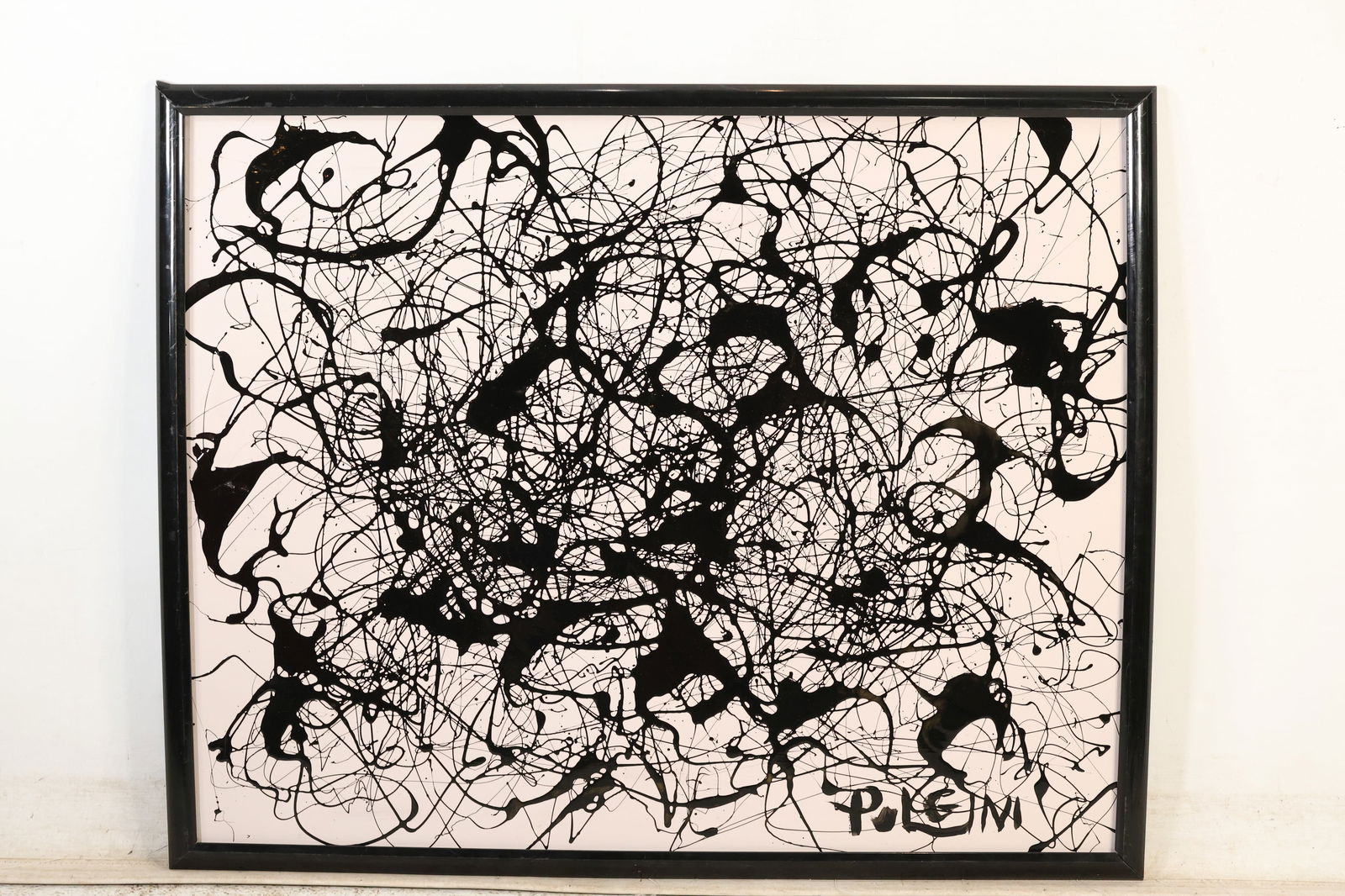 Thomas Pulgini Black and White Splatter Abstract Expressionist Painting Signed: All descriptions were generated using AI technology and have not been reviewed or verified by a human. All items are sold as-is, where-is. It is the buyer’s responsibility to preview, examine, and a
