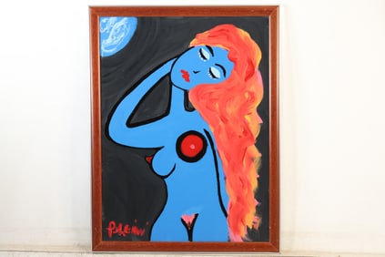 Thomas Pulgini Blue Nude Woman with Red Hair Under Moon Modern Pop Art Painting Signed