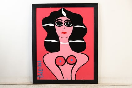 Thomas Pulgini Signed Nude Woman with Black Hair Modern Pop Art Painting