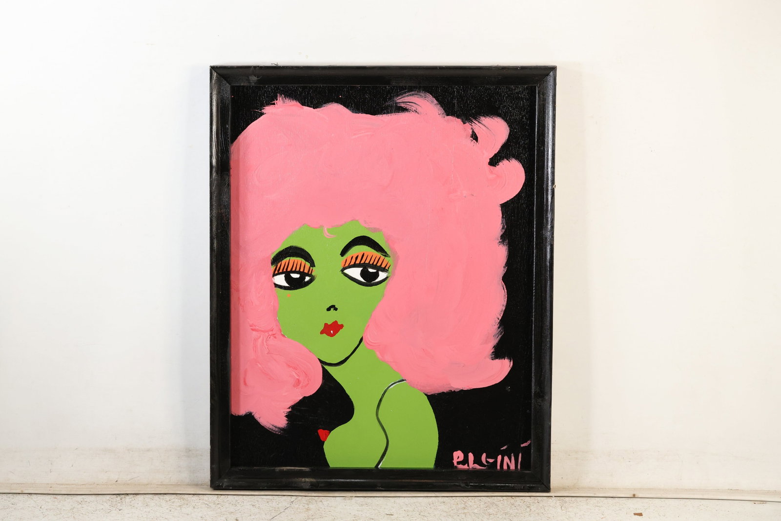 Tom Pulgini (b. 1965) Green Lady with Pink Hair on Board: All descriptions were generated using AI technology and have not been reviewed or verified by a human. All items are sold as-is, where-is. It is the buyer’s responsibility to preview, examine, and a