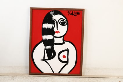 Thomas Pulgini Signed Curvy Nude Woman Red Background Pop Art Painting
