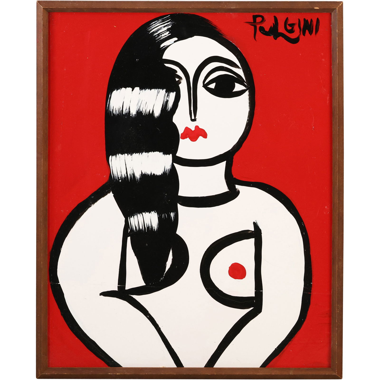 Thomas Pulgini Signed Curvy Nude Woman Red Background Pop Art Painting: All descriptions were generated using AI technology and have not been reviewed or verified by a human. All items are sold as-is, where-is. It is the buyer’s responsibility to preview, examine, and a