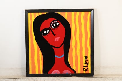 Thomas Pulgini Signed Woman Portrait Pop Art Painting Yellow Striped Background