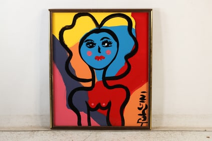 Thomas Pulgini Signed Nude Woman with Big Hair Pop Art Abstract Portrait Painting