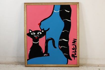 Thomas Pulgini Signed Nude Woman with Cat Pop Art Abstract Painting