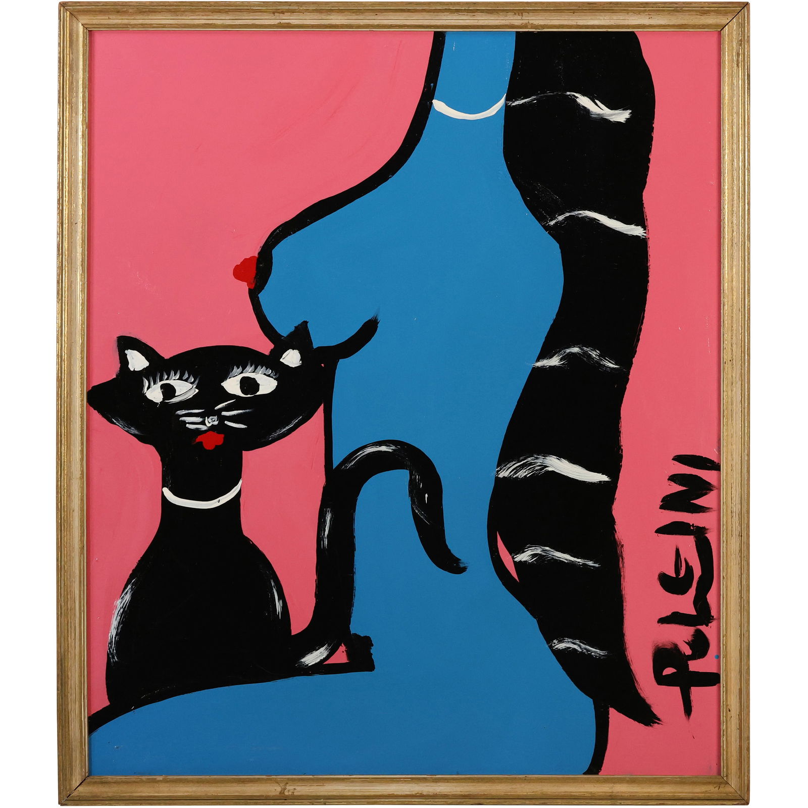 Thomas Pulgini Signed Nude Woman with Cat Pop Art Abstract Painting: All descriptions were generated using AI technology and have not been reviewed or verified by a human. All items are sold as-is, where-is. It is the buyer’s responsibility to preview, examine, and a