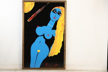 Thomas Pulgini Signed Leaning Nude Woman with Comet and Sun Pop Art Painting