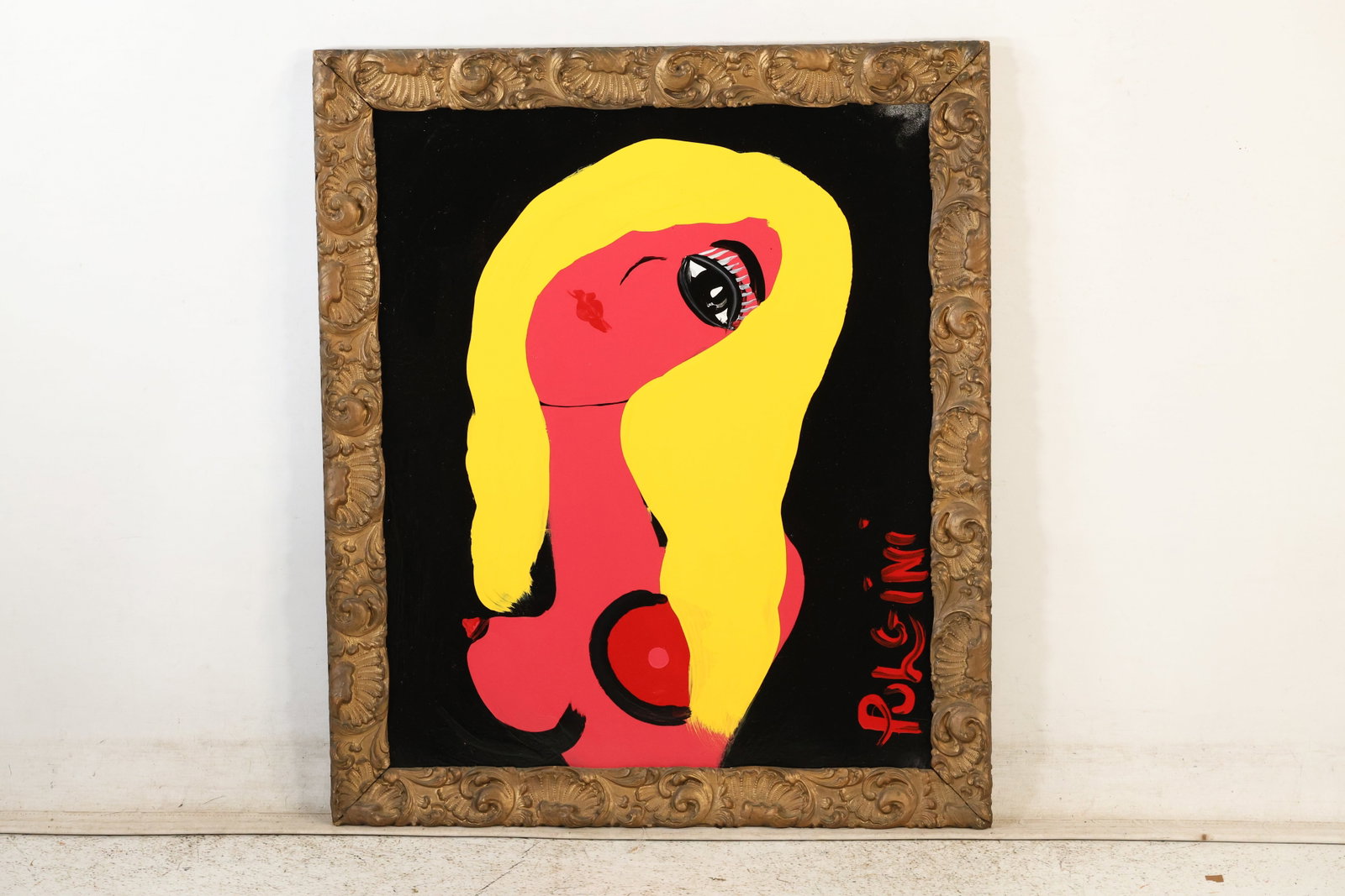 Tom Pulgini (b. 1965) — Blonde Pink Nude Woman, Acrylic Painting: All descriptions were generated using AI technology and have not been reviewed or verified by a human. All items are sold as-is, where-is. It is the buyer’s responsibility to preview, examine, and a