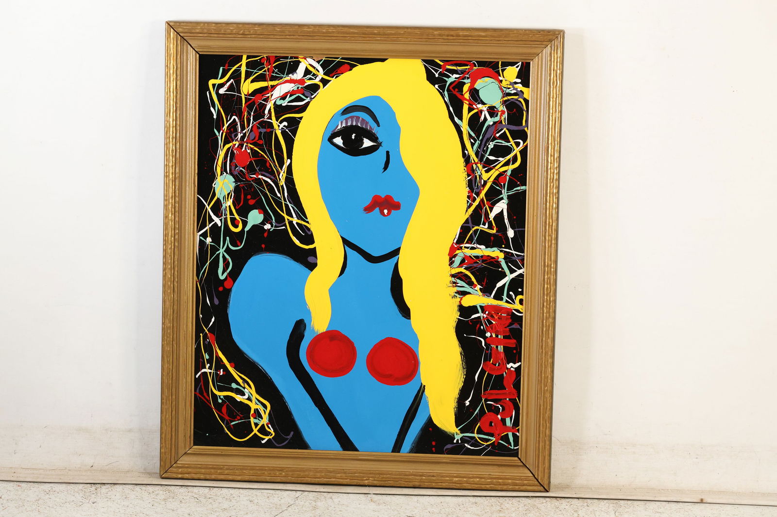 Tom Pulgini (b. 1965) Blue Nude with Blonde Hair Modern Pop Art Painting: All descriptions were generated using AI technology and have not been reviewed or verified by a human. All items are sold as-is, where-is. It is the buyer’s responsibility to preview, examine, and a