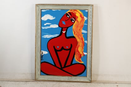 Thomas Pulgini Signed Seated Nude Woman with Cloud Background Pop Art Painting