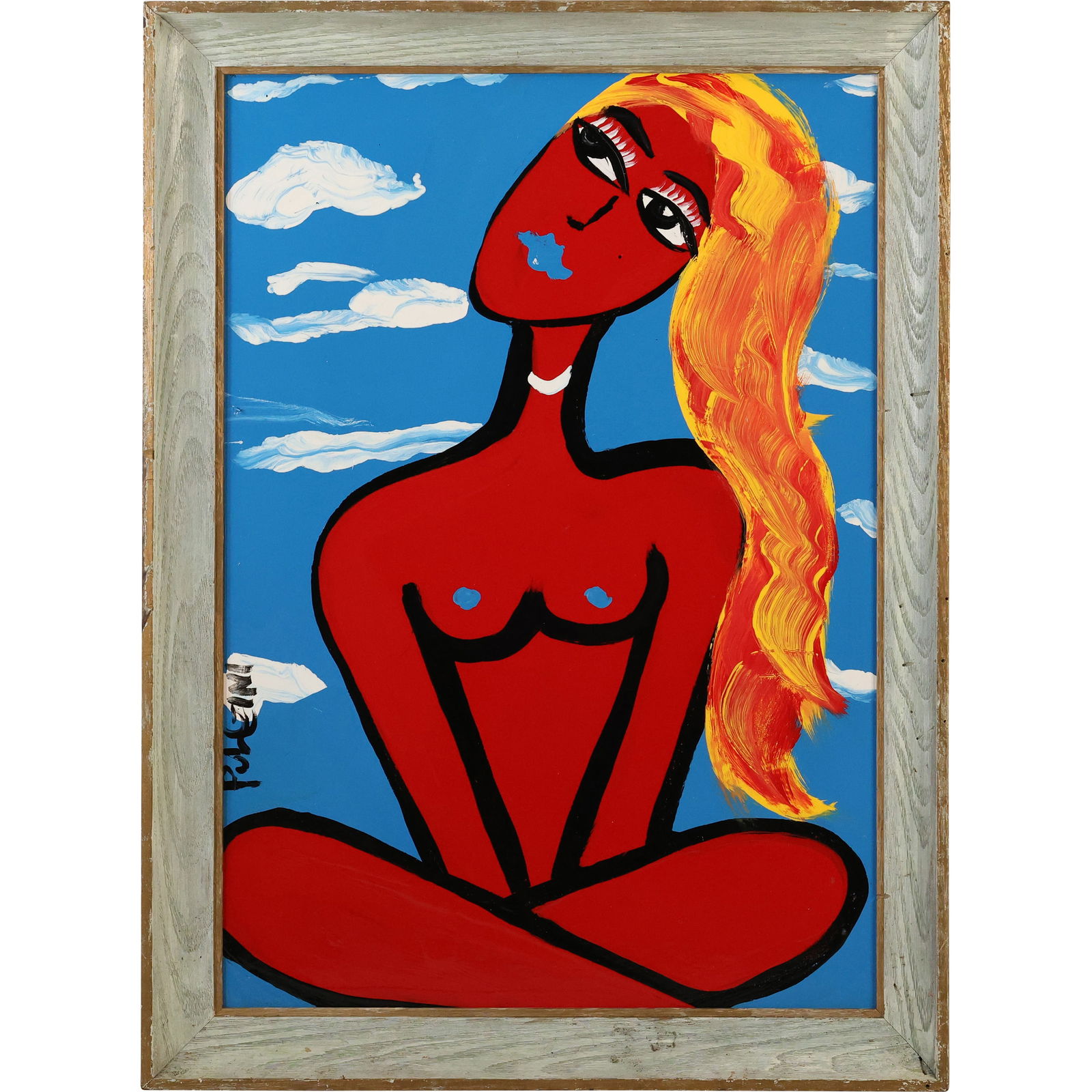Thomas Pulgini Signed Seated Nude Woman with Cloud Background Pop Art Painting: All descriptions were generated using AI technology and have not been reviewed or verified by a human. All items are sold as-is, where-is. It is the buyer’s responsibility to preview, examine, and a