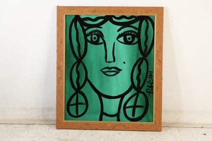 Thomas Pulgini Signed Stylized Portrait of Woman with Braids Pop Art Painting