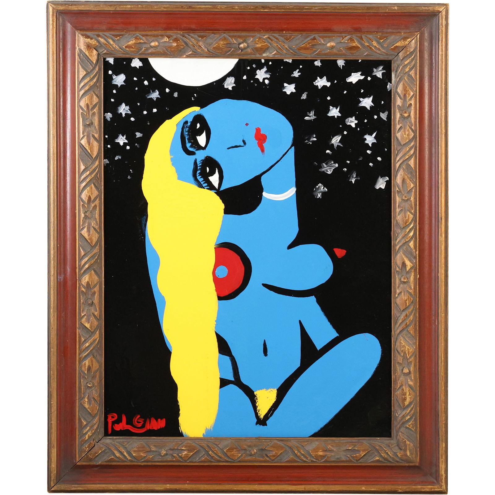Thomas Pulgini Signed Reclining Blue Nude Woman with Starry Night Sky Pop Art Painting: All descriptions were generated using AI technology and have not been reviewed or verified by a human. All items are sold as-is, where-is. It is the buyer’s responsibility to preview, examine, and a