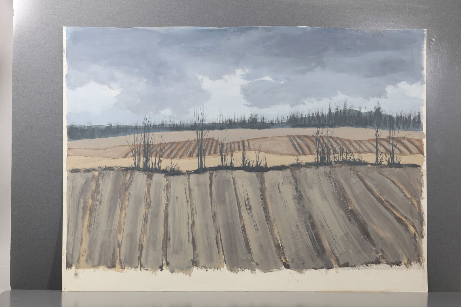 Robert Angeloch (1922–2011) – Plowed Field under Gray Sky – Gouache on Paper: All descriptions were generated using AI technology and have not been reviewed or verified by a human. All items are sold as-is, where-is. It is the buyer’s responsibility to preview, examine, and a