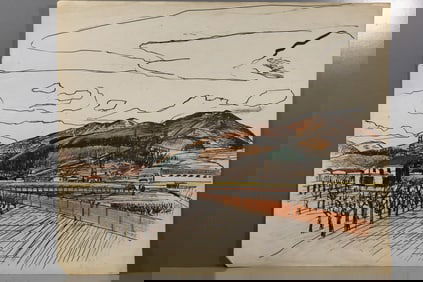 Robert Angeloch (1922–2011) – Vineyard and Mountains – Ink and Pastel on Paper