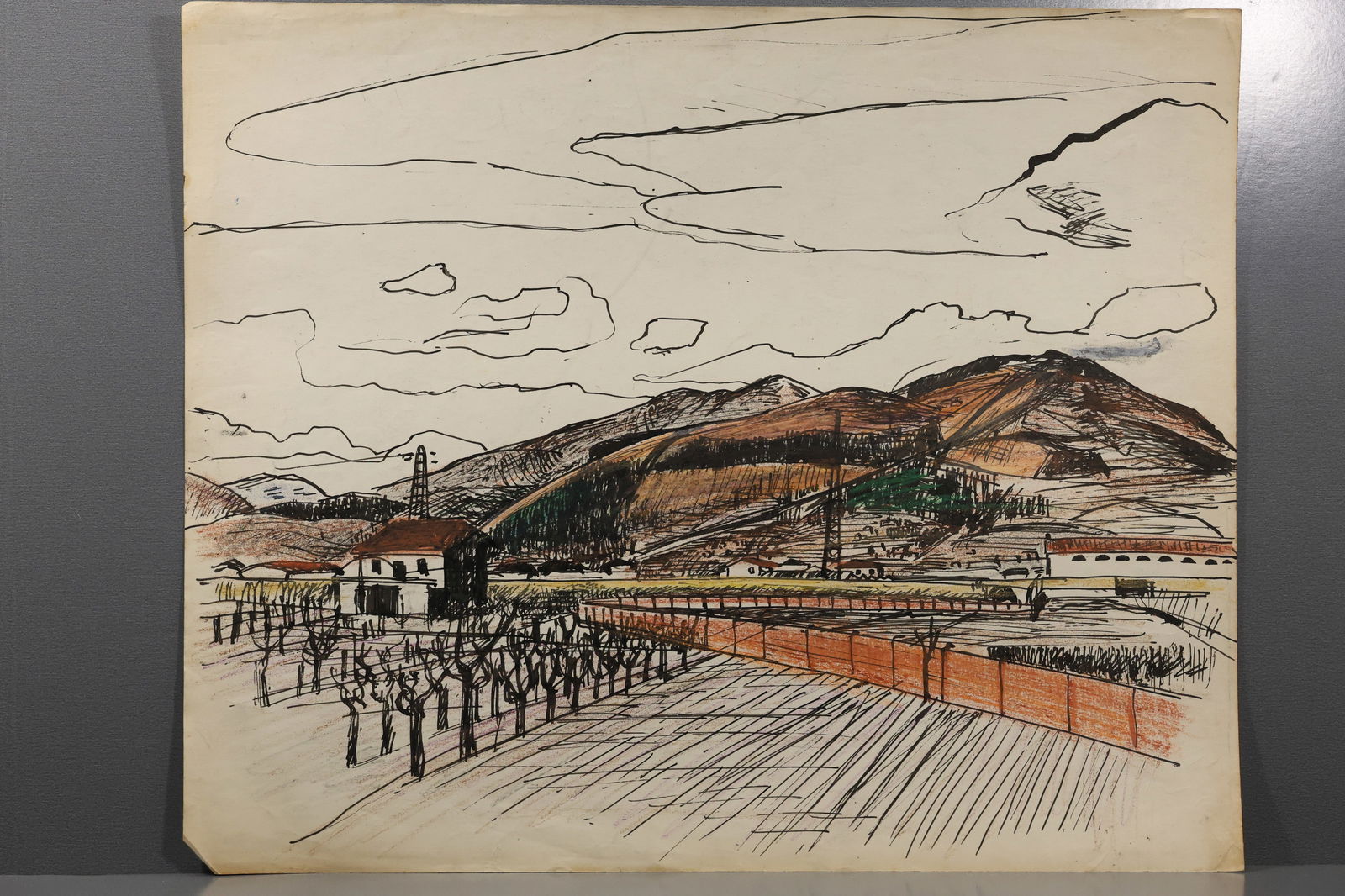 Robert Angeloch (1922–2011) – Vineyard and Mountains – Ink and Pastel on Paper: All descriptions were generated using AI technology and have not been reviewed or verified by a human. All items are sold as-is, where-is. It is the buyer’s responsibility to preview, examine, and a